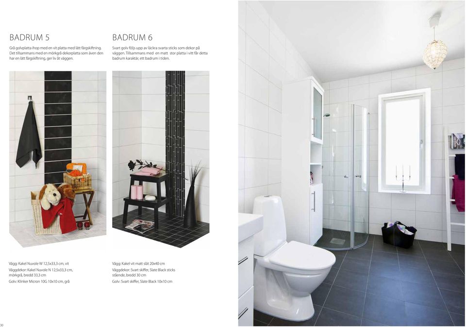 Svart golv följs upp av läckra svarta sticks som dekor på väggen. Tillsammans med en matt stor platta i vitt får detta badrum karaktär, ett badrum i tiden.