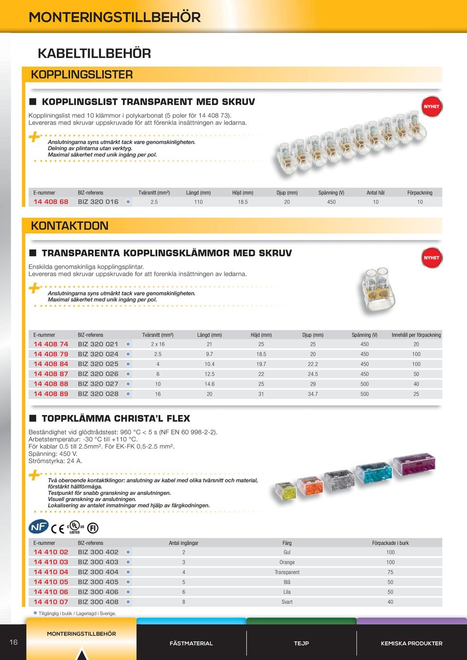 Maximal säkerhet med unik ingång per pol. E-nummer BIZ-referens Tvärsnitt (mm²) Längd (mm) Höjd (mm) Djup (mm) Spänning (V) Antal hål Förpackning 14 408 68 BIZ 320 016 2.5 110 18.