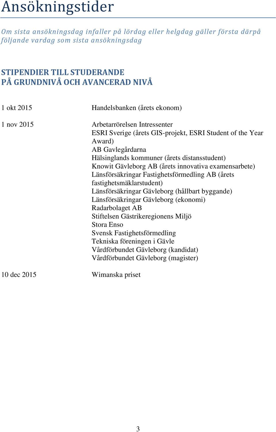 distansstudent) Knowit Gävleborg AB (årets innovativa examensarbete) Länsförsäkringar Fastighetsförmedling AB (årets fastighetsmäklarstudent) Länsförsäkringar Gävleborg (hållbart byggande)