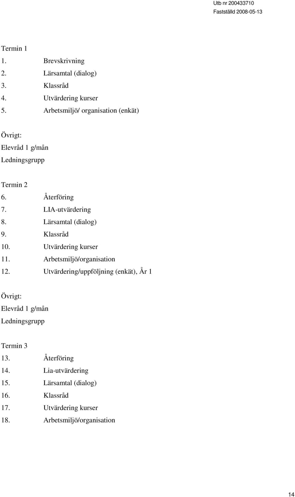 Lärsamtal (dialog) 9. Klassråd 10. Utvärdering kurser 11. Arbetsmiljö/organisation 12.