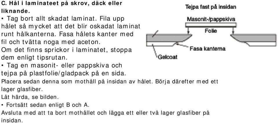 Om det finns sprickor i laminatet, stoppa dem enligt tipsrutan. Tag en masonit- eller pappskiva och tejpa på plastfolie/gladpack på en sida.