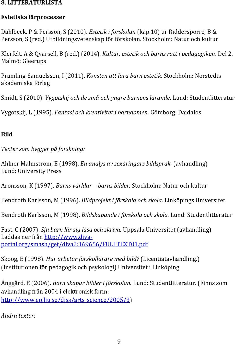 Stockholm: Norstedts akademiska förlag Smidt, S (2010). Vygotskij och de små och yngre barnens lärande. Lund: Studentlitteratur Vygotskij, L (1995). Fantasi och kreativitet i barndomen.