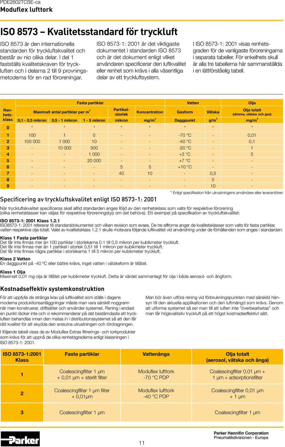 ISO 8573-1: 2001 är det viktigaste dokumentet i standarden ISO 8573 och är det dokument enligt vilket användaren specificerar den luftkvalitet eller renhet som krävs i alla väsentliga delar av ett