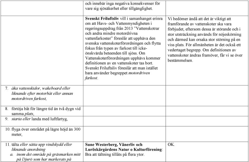 svenska vattenskoterförordningen och flytta fokus från typen av farkost till ickeönskvärda beteenden till sjöss. Om Vattenskoterförordningen upphävs kommer definitionen av en vattenskoter tas bort.