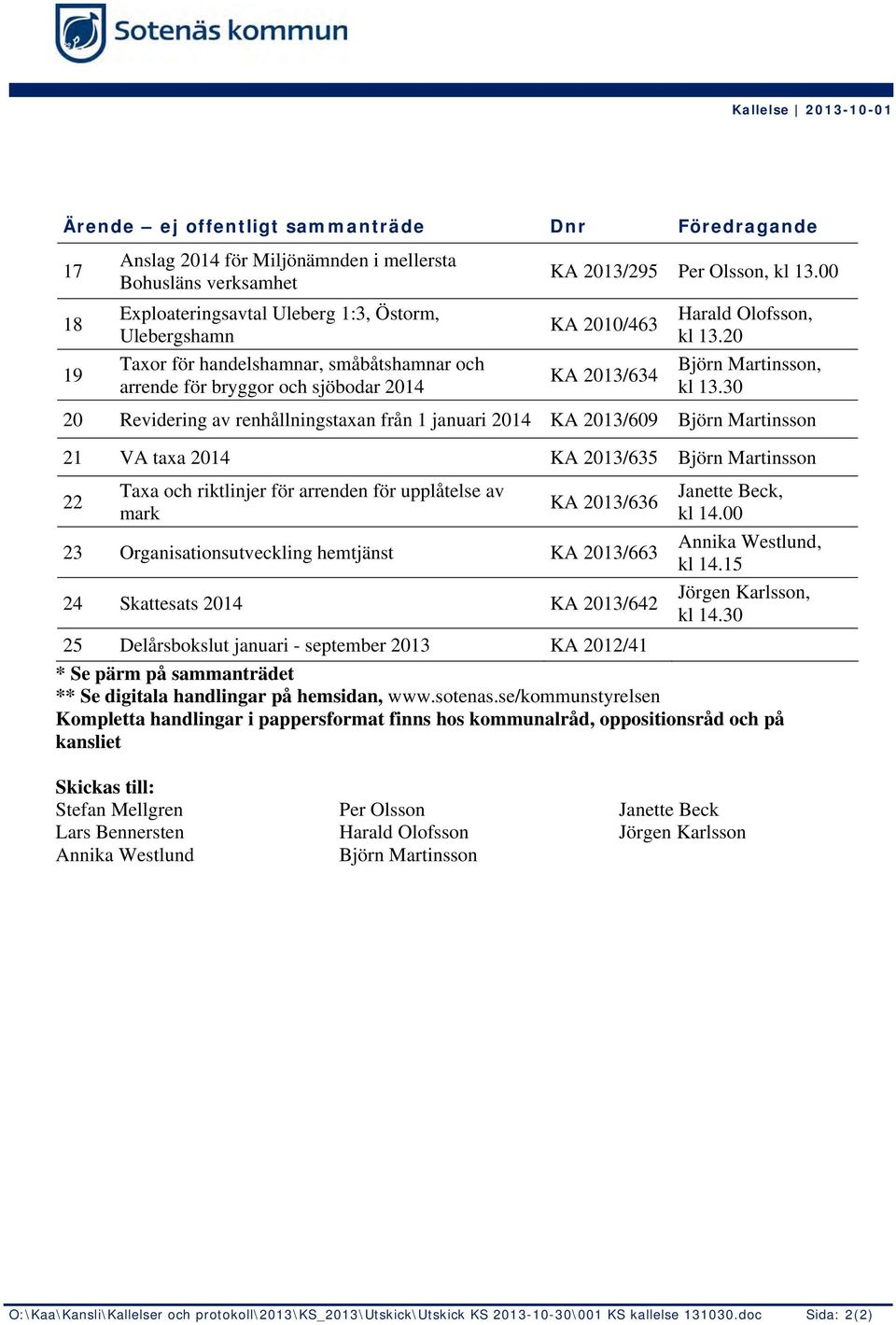 30 20 Revidering av renhållningstaxan från 1 januari 2014 KA 2013/609 Björn Martinsson 21 VA taxa 2014 KA 2013/635 Björn Martinsson 22 Taxa och riktlinjer för arrenden för upplåtelse av mark KA