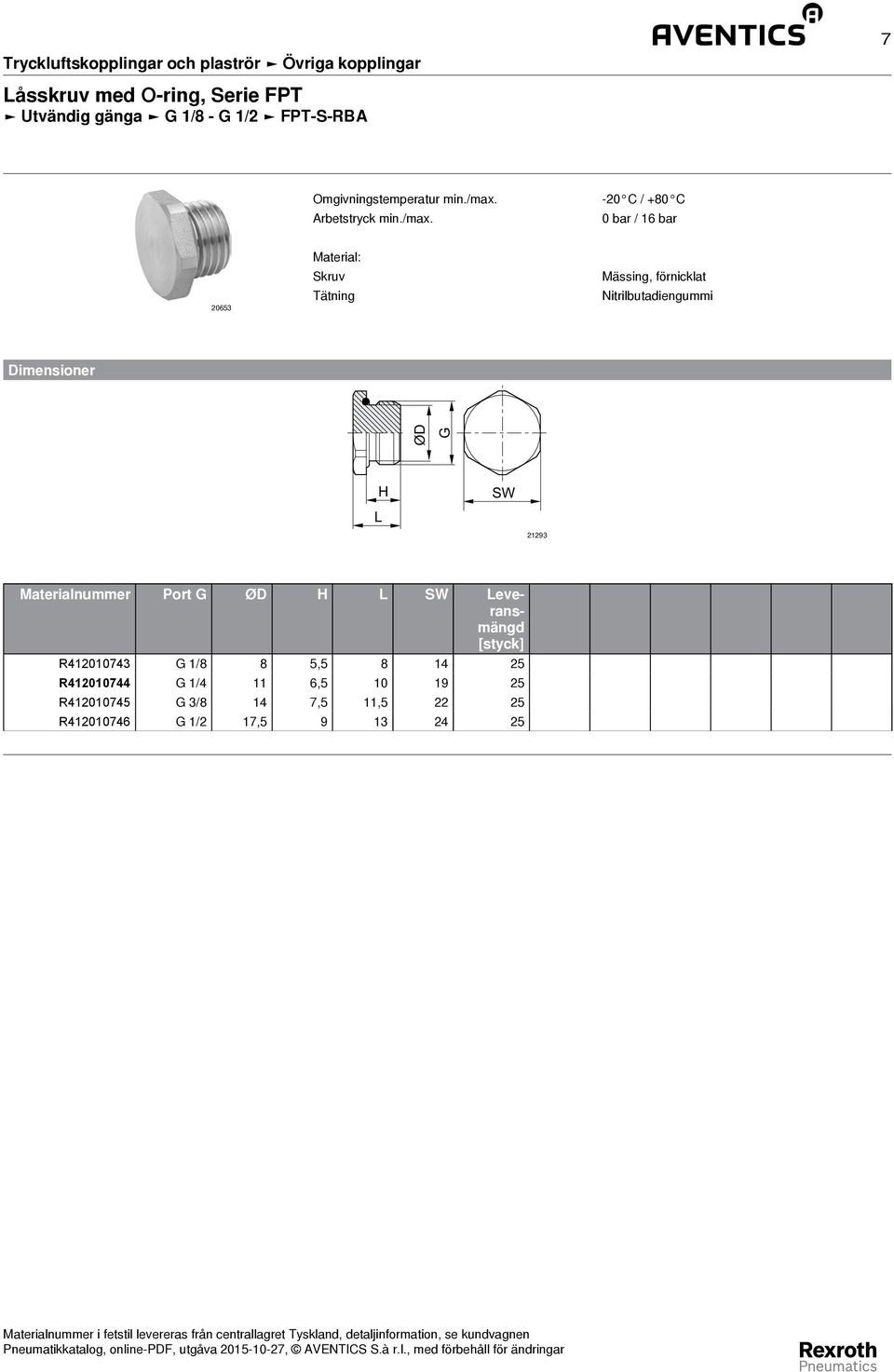 ØD H L SW Leveransmängd R412010743 G 1/8 8 5,5 8 14 25 R412010744 G 1/4 11