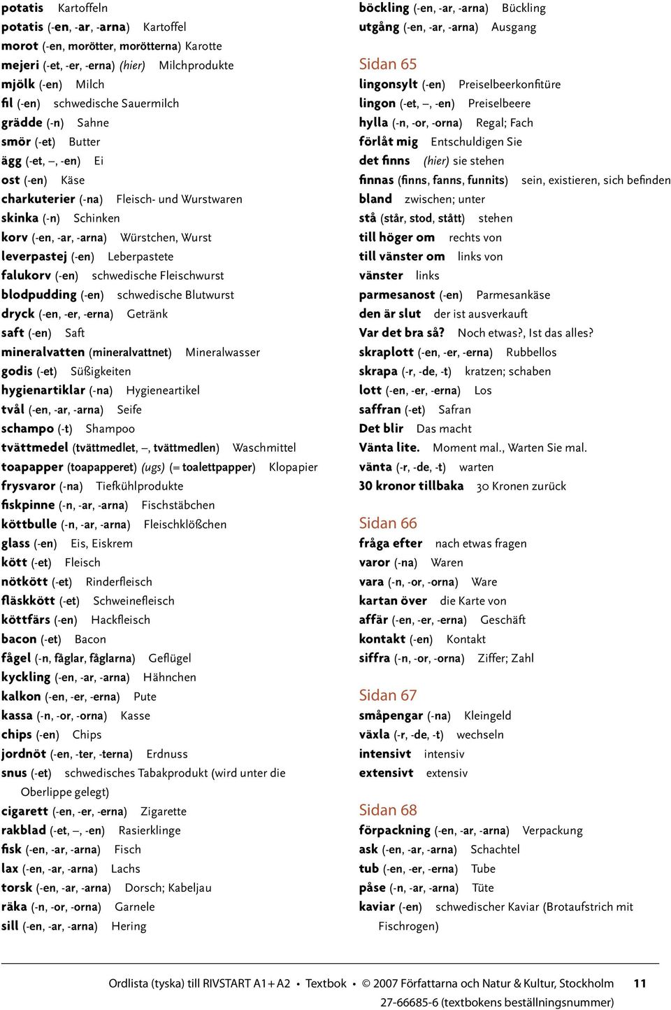 Leberpastete falukorv (-en) schwedische Fleischwurst blodpudding (-en) schwedische Blutwurst dryck (-en, -er, -erna) Getränk saft (-en) Saft mineralvatten (mineralvattnet) Mineralwasser godis (-et)