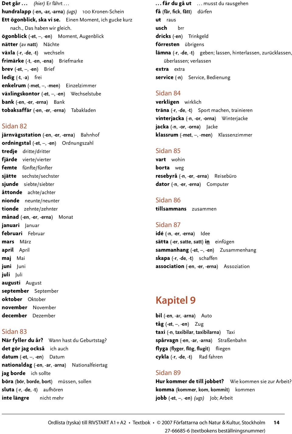 Einzelzimmer växlingskontor (-et,, -en) Wechselstube bank (-en, -er, -erna) Bank tobaksaffär (-en, -er, -erna) Tabakladen Sidan 82 järnvägsstation (-en, -er, -erna) Bahnhof ordningstal (-et,, -en)