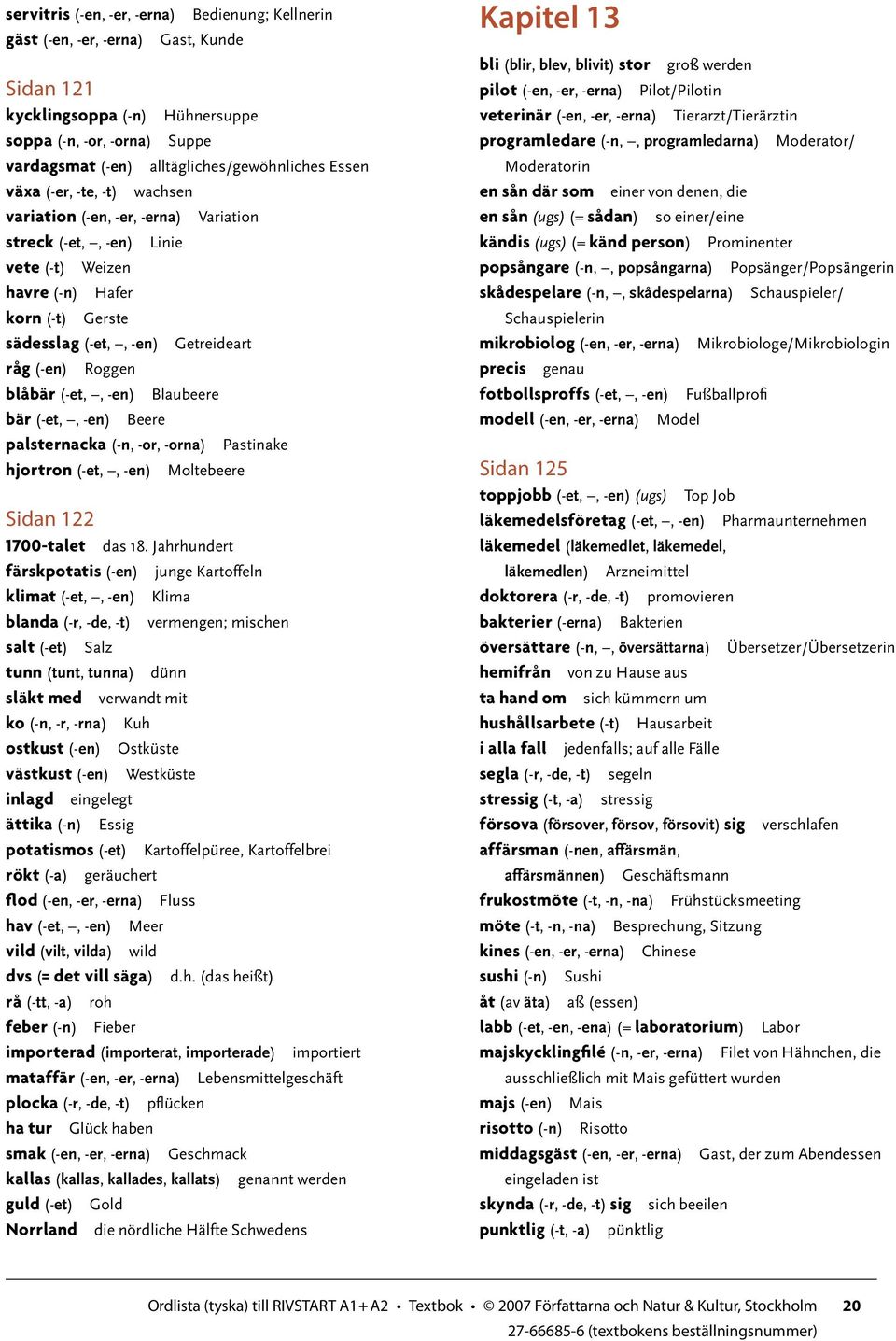 blåbär (-et,, -en) Blaubeere bär (-et,, -en) Beere palsternacka (-n, -or, -orna) Pastinake hjortron (-et,, -en) Moltebeere Sidan 122 1700-talet färskpotatis (-en) das 18.