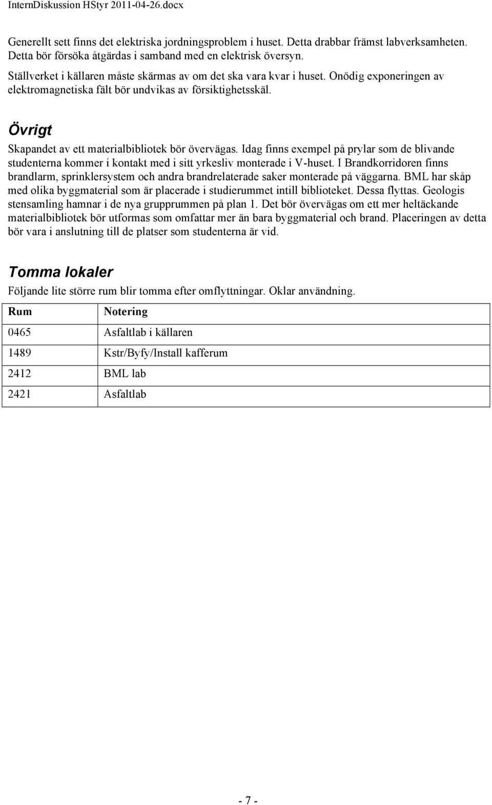 Övrigt Skapandet av ett materialbibliotek bör övervägas. Idag finns exempel på prylar som de blivande studenterna kommer i kontakt med i sitt yrkesliv monterade i V-huset.