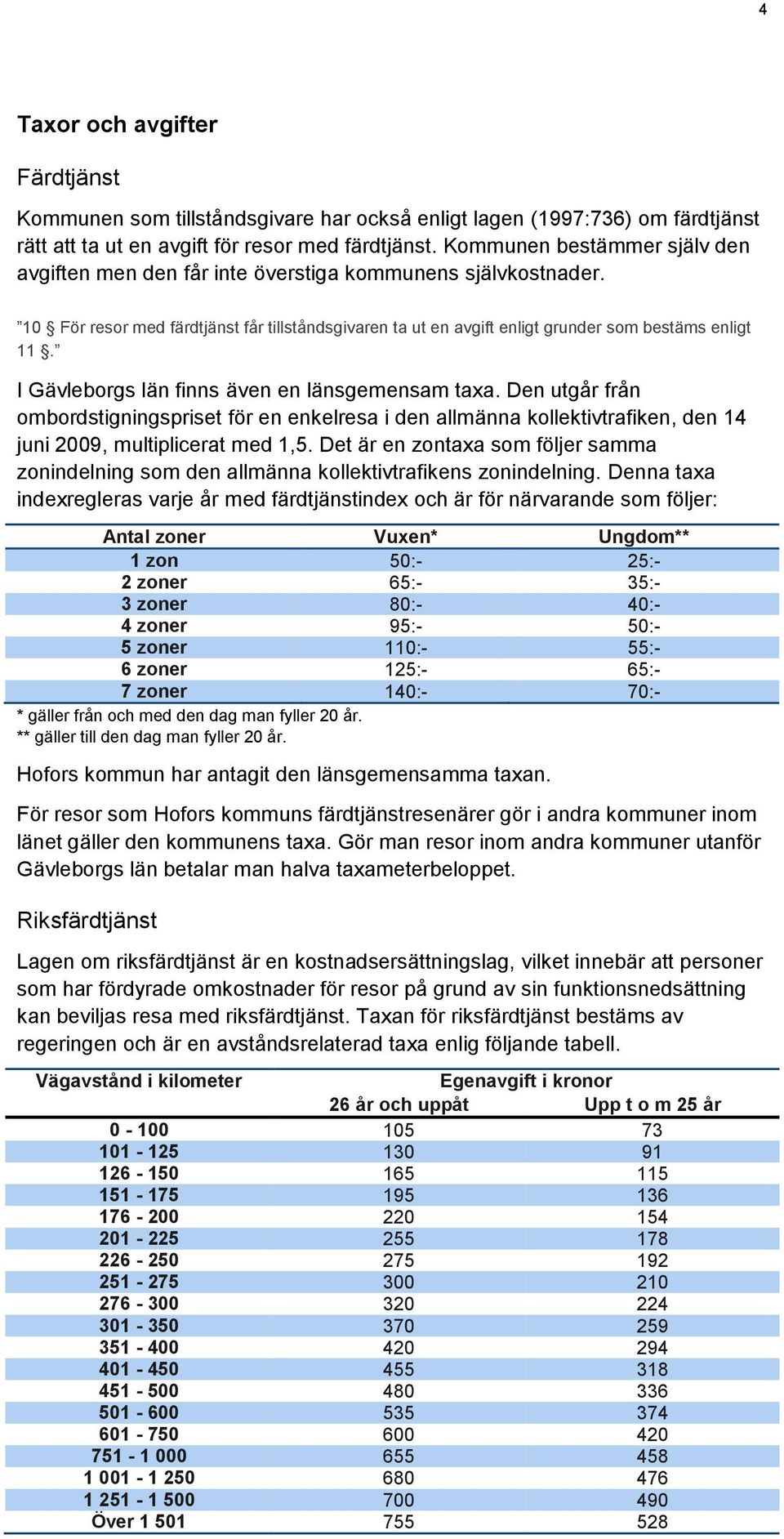 I Gävleborgs län finns även en länsgemensam taxa. Den utgår från ombordstigningspriset för en enkelresa i den allmänna kollektivtrafiken, den 14 juni 2009, multiplicerat med 1,5.