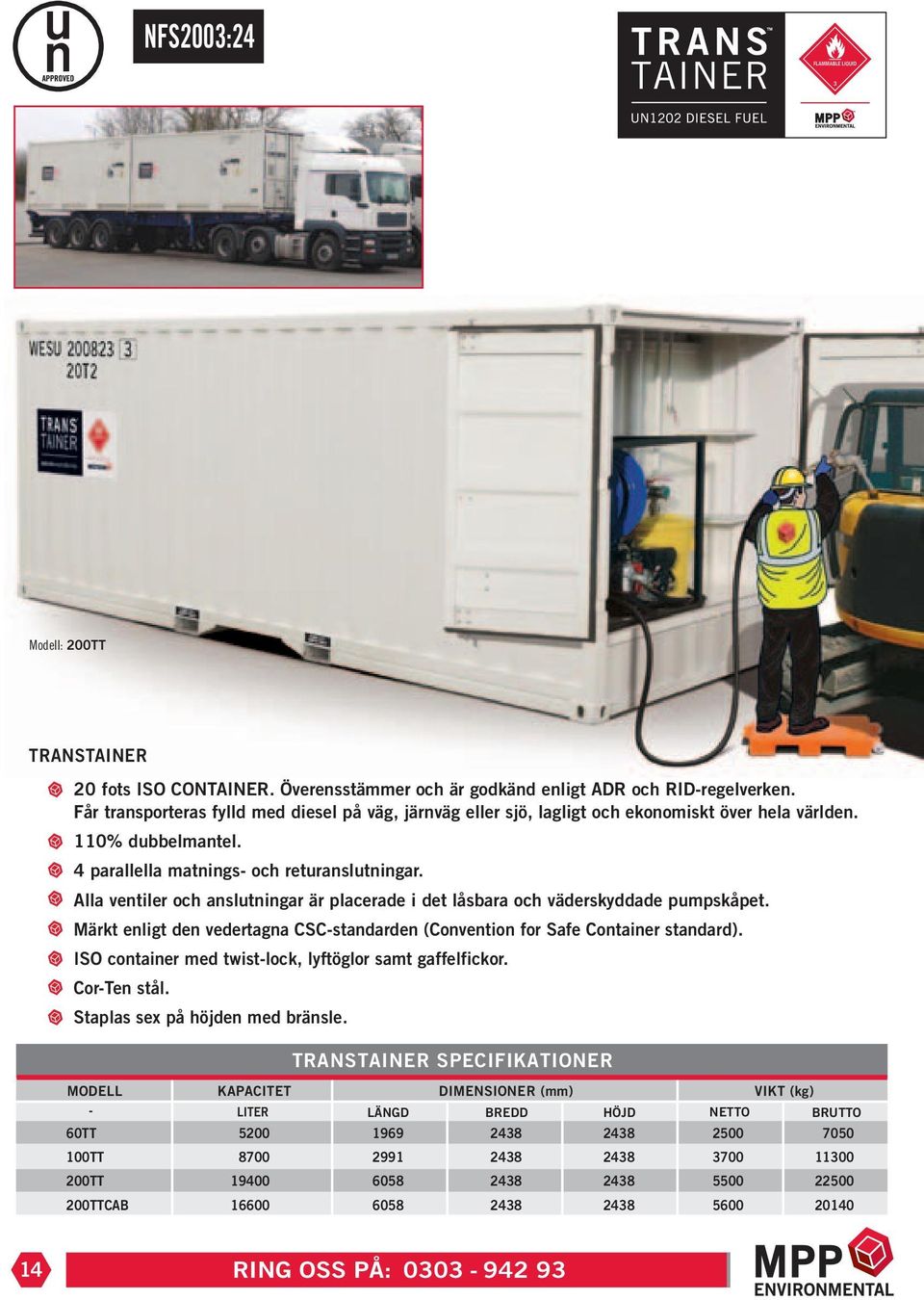Alla ventiler och anslutningar är placerade i det låsbara och väderskyddade pumpskåpet. Märkt enligt den vedertagna CSC-standarden (Convention for Safe Container standard).