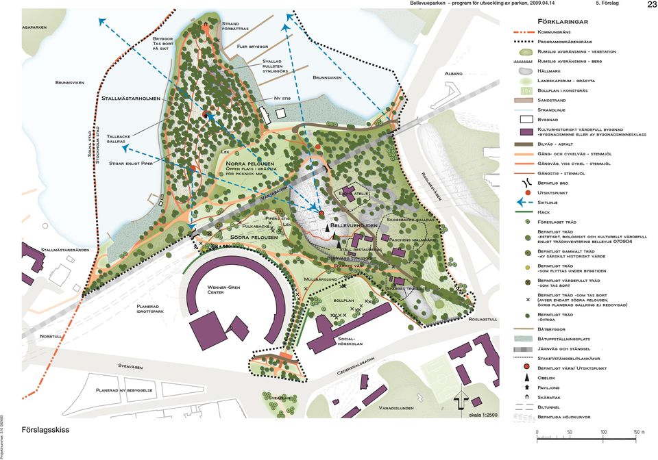 Landskapsrum - gräsyta Brunnsviken Bollplan i konstgräs Stallmästarholmen Ny stig Sandstrand Strandlinje Solna stad Stockholm stad Byggnad Kulturhistoriskt värdefull byggnad -byggnadsminne eller av