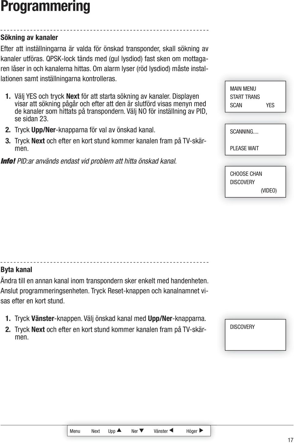 Välj YES och tryck för att starta sökning av kanaler. Displayen visar att sökning pågår och efter att den är slutförd visas menyn med de kanaler som hittats på transpondern.