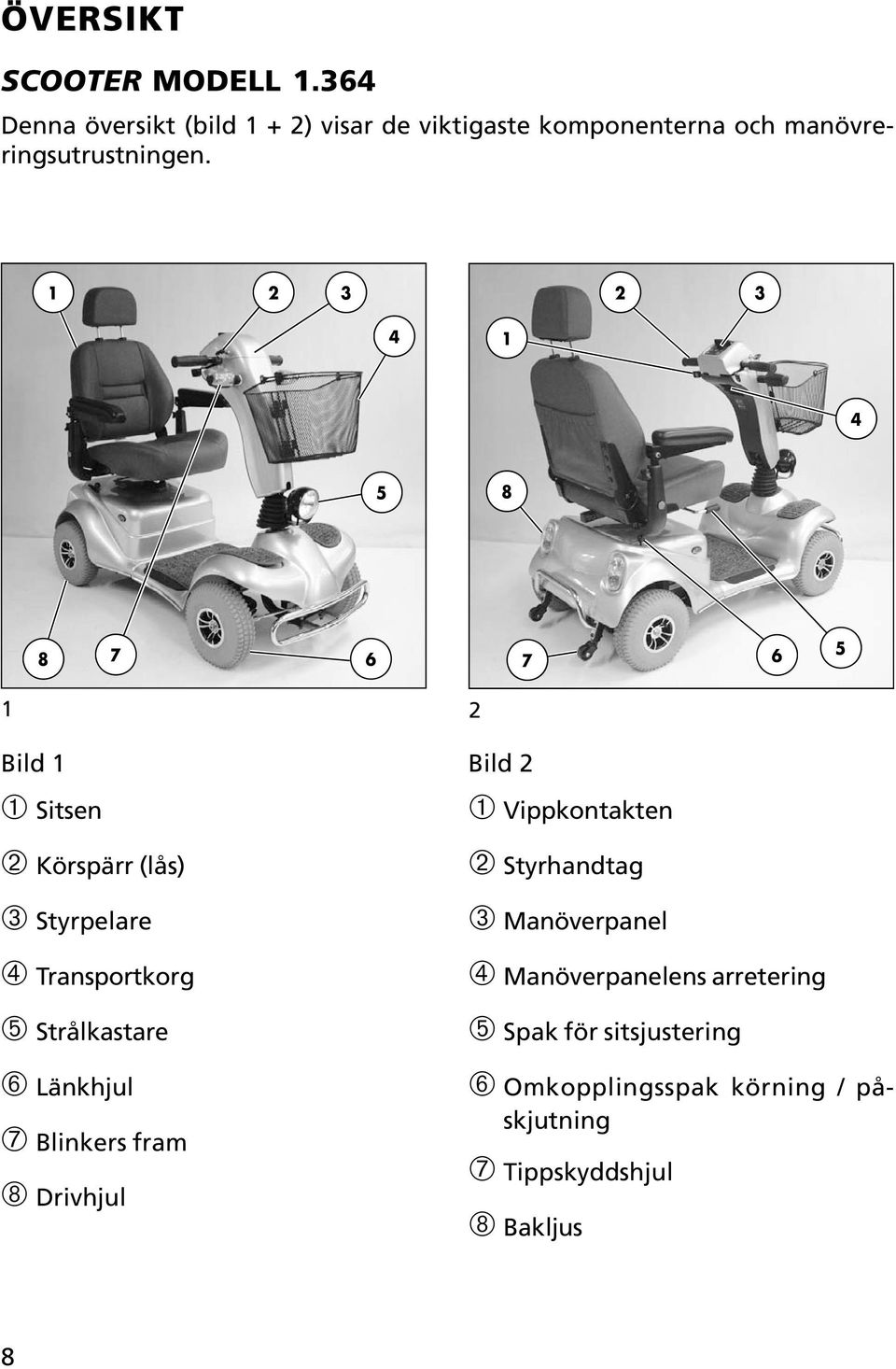 1 2 3 2 3 4 1 4 5 8 8 7 6 7 6 5 1 2 Bild 1 ➀ Sitsen ➁ Körspärr (lås) ➂ Styrpelare ➃ Transportkorg ➄