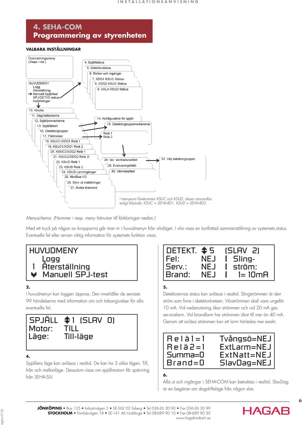 Eventuella fel eller annan viktig information för systemets funktion visas. HUVUDMENY Logg 1 Återställning Manuell SPJ-test DETEKT. Fel: Serv.: Brand: 5 (SLAV 2) NEJ Sling- NEJ ström: NEJ 1= 10mA 2.