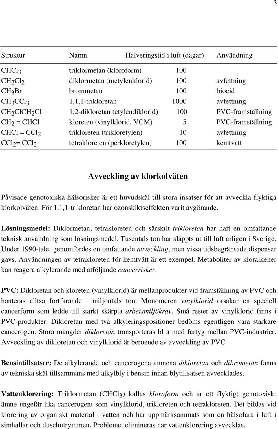 tetrakloreten (perkloretylen) 100 kemtvätt Avveckling av klorkolväten Påvisade genotoxiska hälsorisker är ett huvudskäl till stora insatser för att avveckla flyktiga klorkolväten.