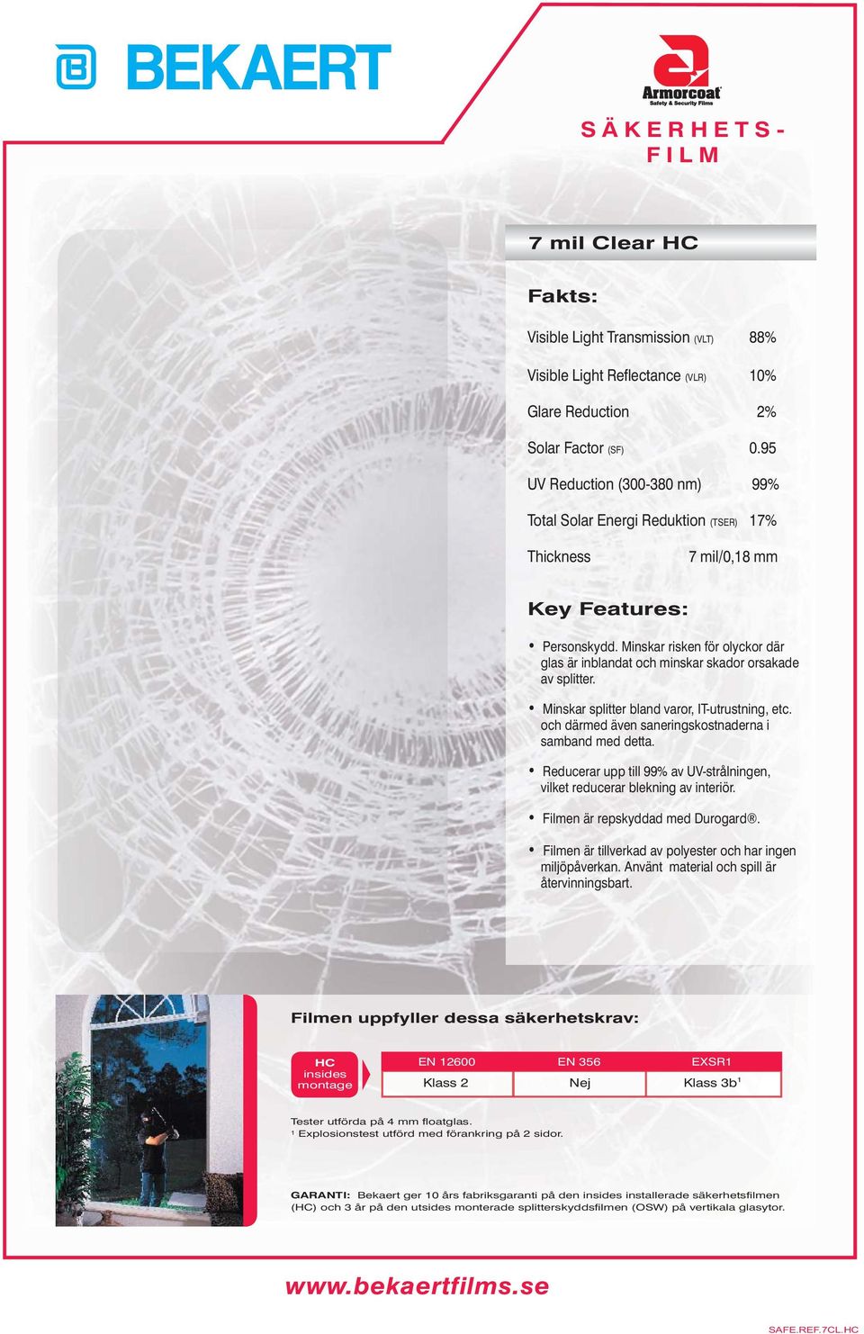 95 UV Reduction (300-380 nm) 99% Total Solar Energi Reduktion (TSER) 17% Thickness 7 mil/0,18 mm Key