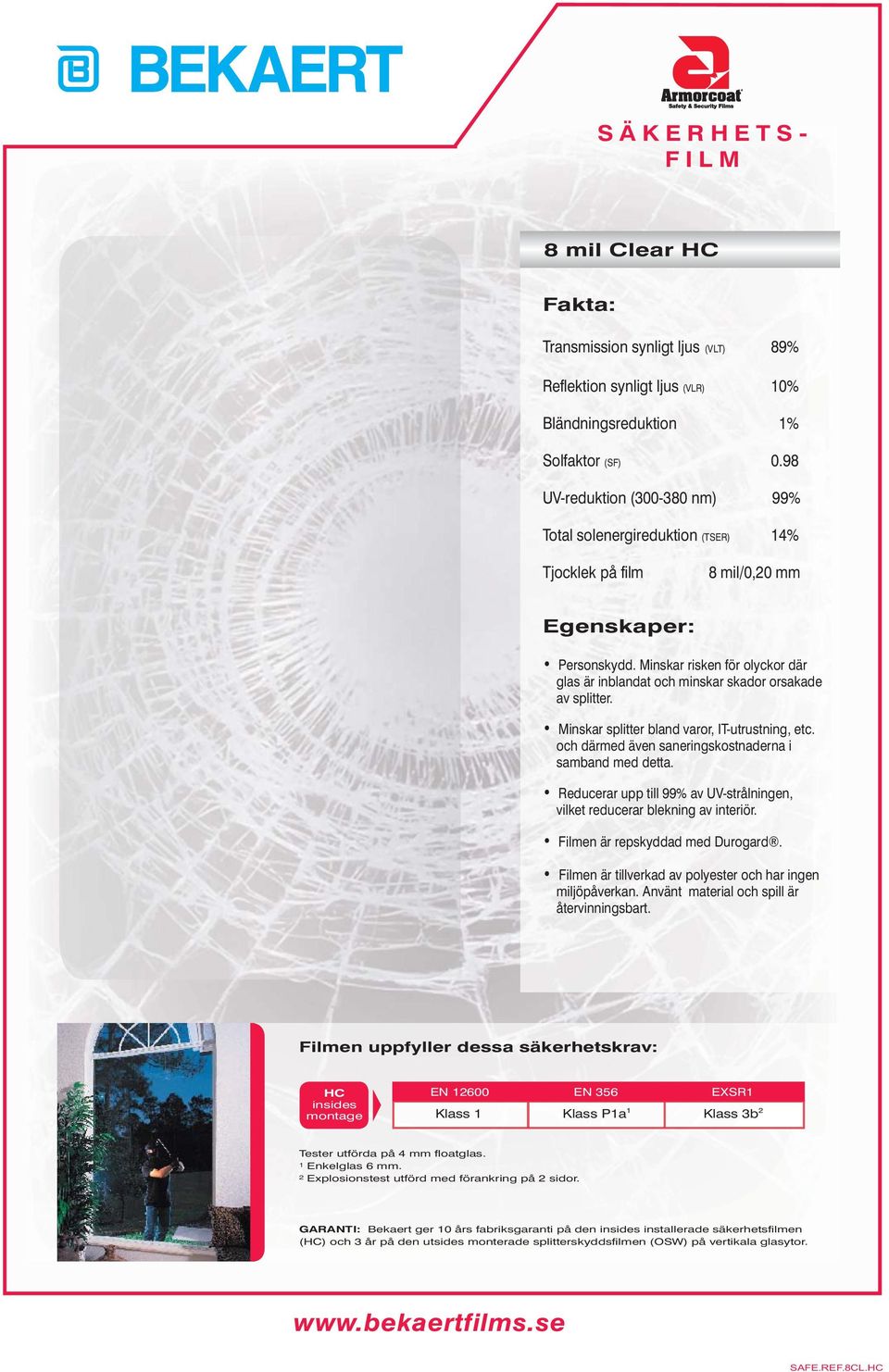 98 UV-reduktion (300-380 nm) 99% Total solenergireduktion (TSER) 14% 8 mil/0,20 mm