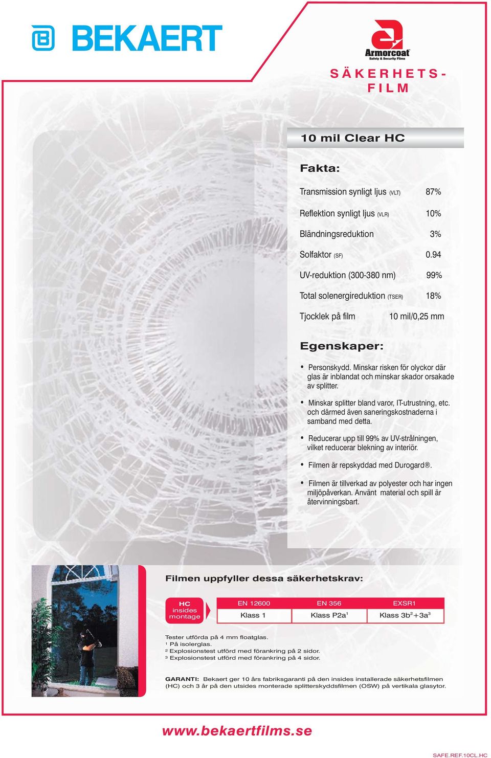 94 UV-reduktion (300-380 nm) 99% Total solenergireduktion (TSER) 18% 10 mil/0,25 mm Klass P2a 1 Klass