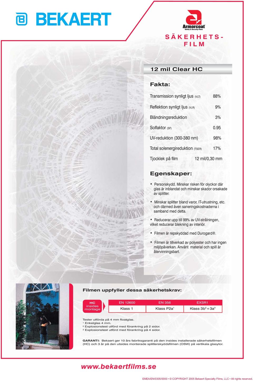 95 UV-reduktion (300-380 nm) 98% Total solenergireduktion (TSER) 17% 12 mil/0,30 mm Klass P2a 1 Klass 3b 2 +3a 3 1