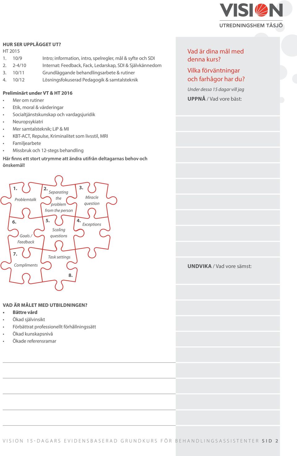 10/12 Lösningsfokuserad Pedagogik & samtalsteknik Preliminärt under VT & HT 2016 Mer om rutiner Etik, moral & värderingar Socialtjänstskunskap och vardagsjuridik Neuropsykiatri Mer samtalsteknik; LiP