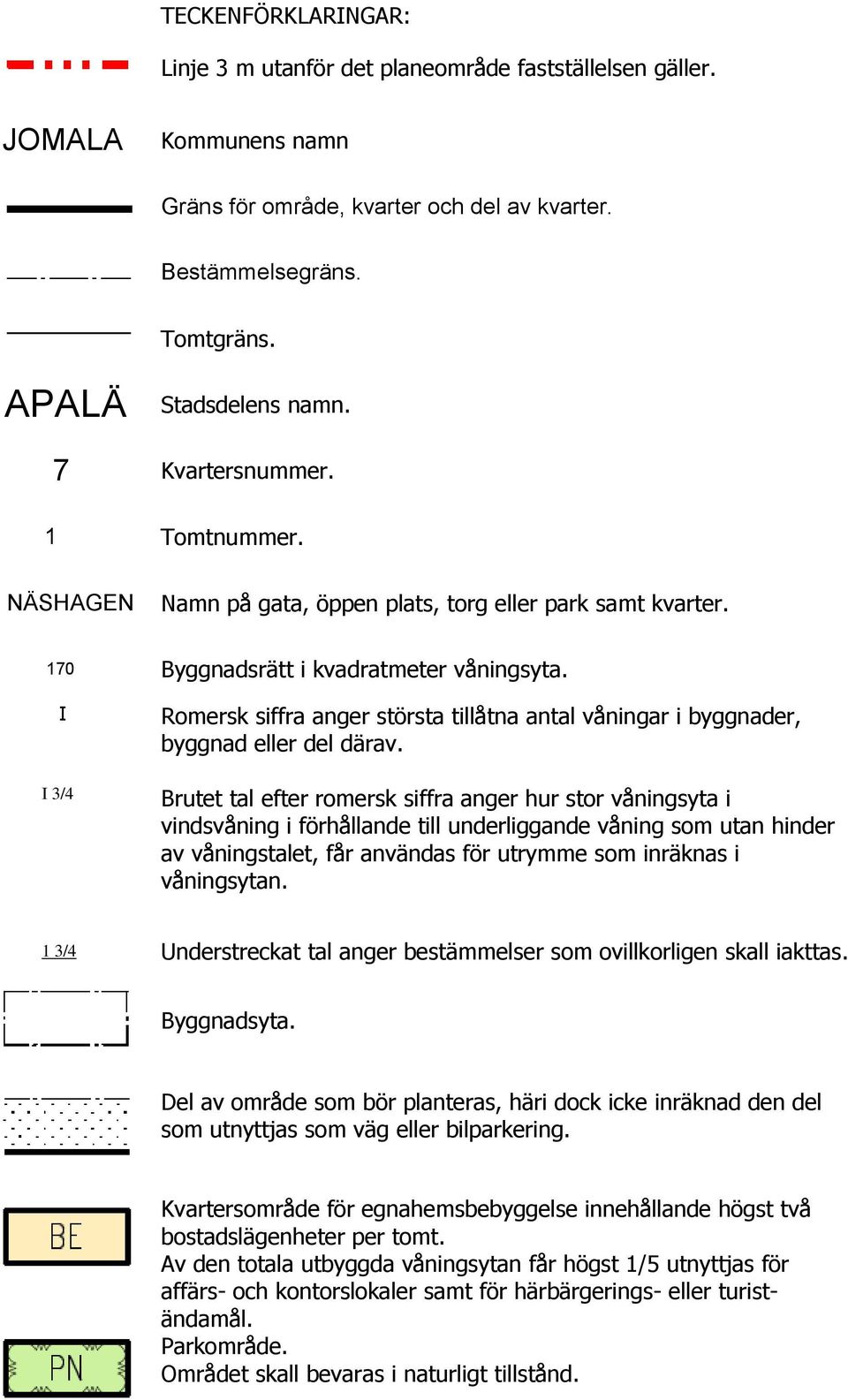 I I 3/4 Romersk siffra anger största tillåtna antal våningar i byggnader, byggnad eller del därav.