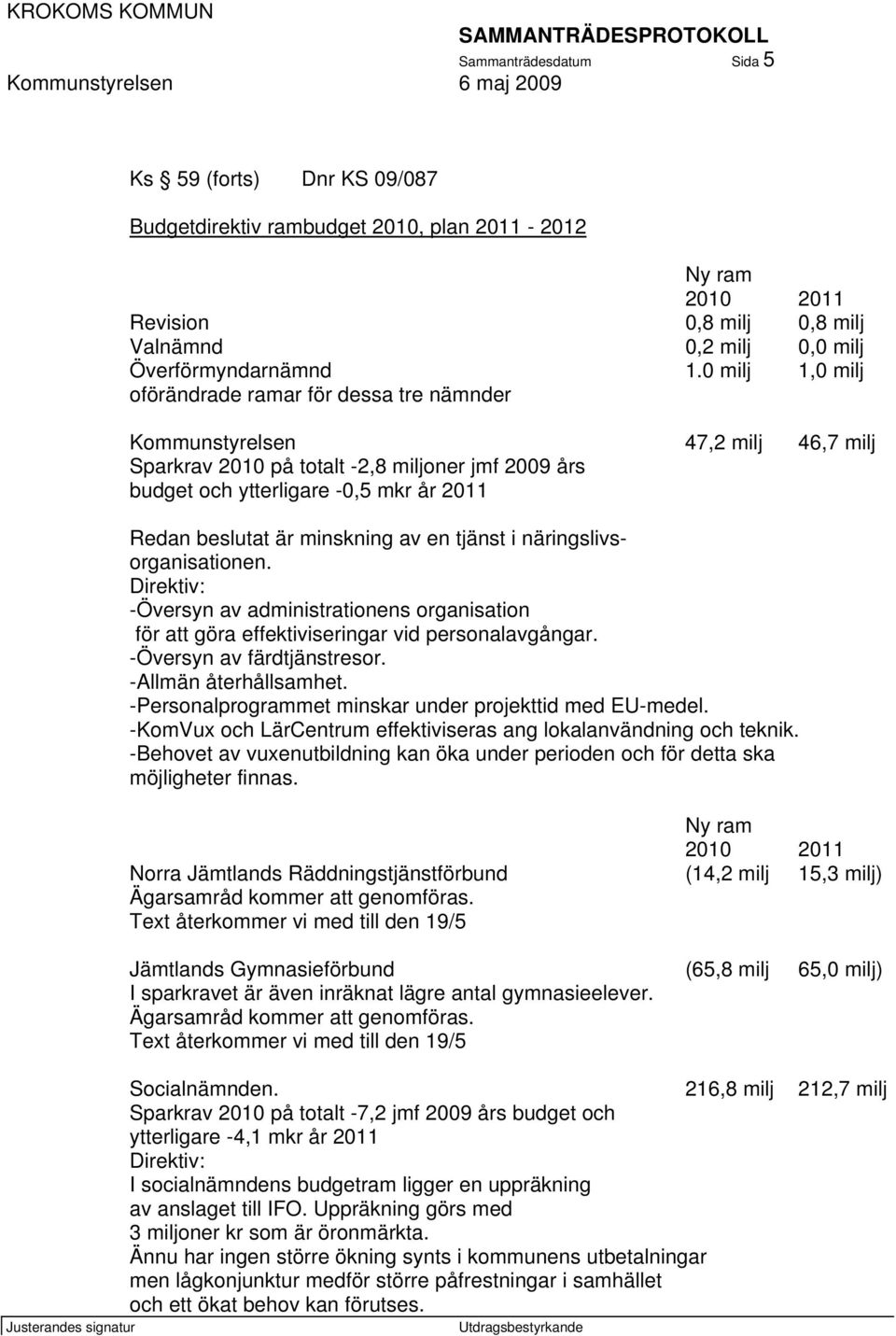 är minskning av en tjänst i näringslivsorganisationen. Direktiv: -Översyn av administrationens organisation för att göra effektiviseringar vid personalavgångar. -Översyn av färdtjänstresor.