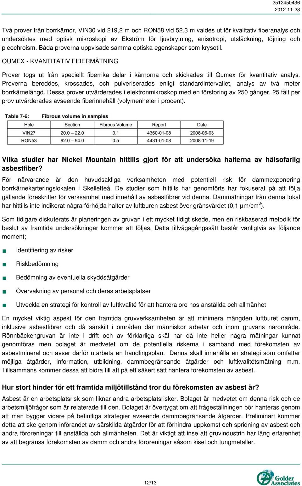 QUMEX - KVANTITATIV FIBERMÄTNING Prover togs ut från speciellt fiberrika delar i kärnorna och skickades till Qumex för kvantitativ analys.