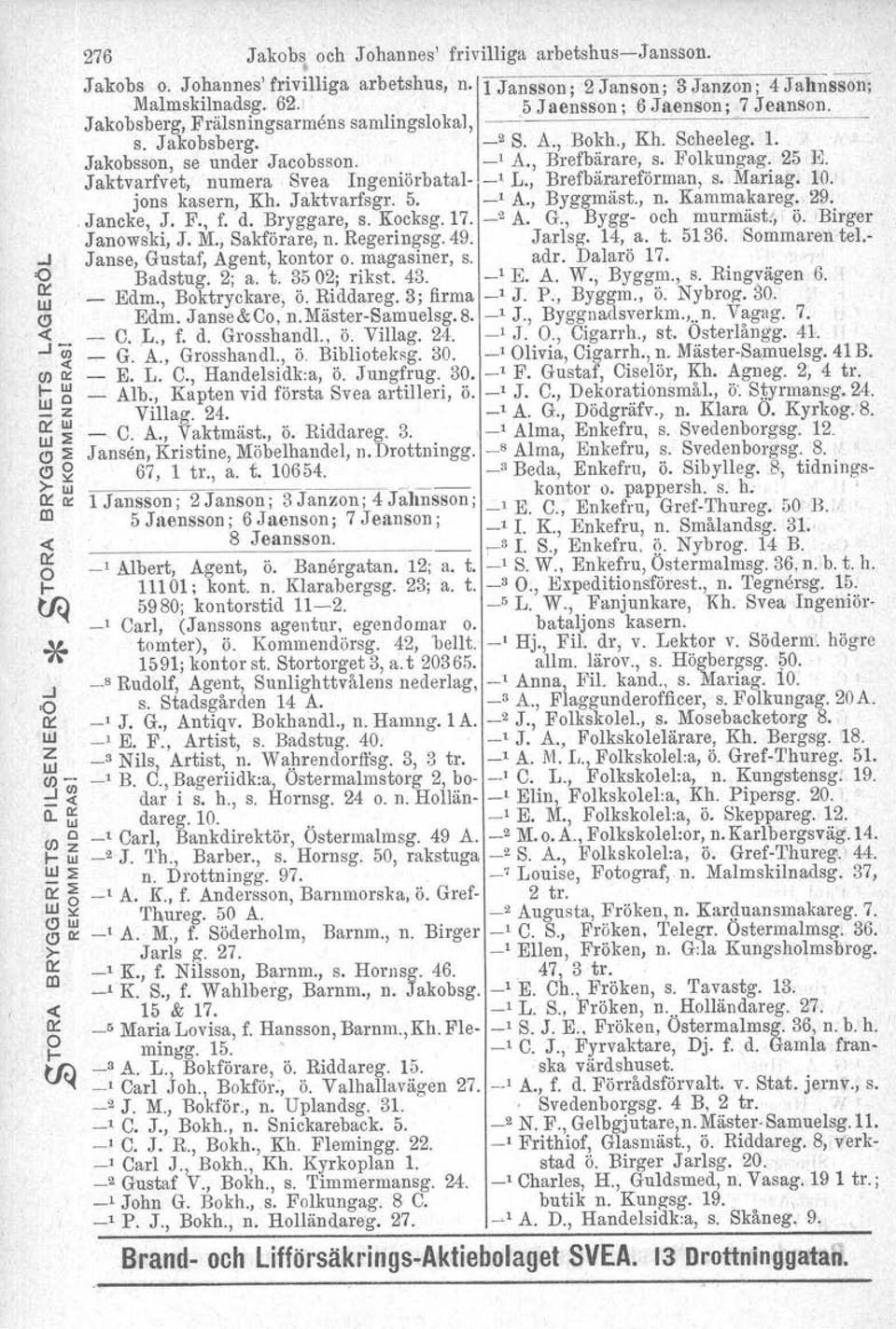 Jakobsson, se under Jacobsson. -' A., Brefbärare, s. Folkungag. 25 E. Jaktvarfvet, nuera Svea Ingeniörbatal- -' L., Brefbärareföran, s. Mari ag. 10. jons kasern, Kh. Jaktvarfsgr. 5. -' A., Byggäst.