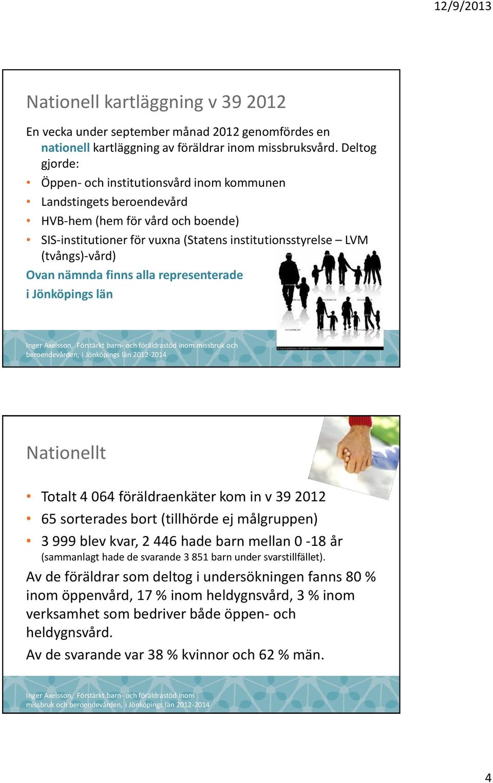 nämnda finns alla representerade i Jönköpings län missbruk och Nationellt Totalt 4 064 föräldraenkäter kom in v 39 2012 65 sorterades bort (tillhörde ej målgruppen) 3 999 blev kvar, 2 446 hade barn