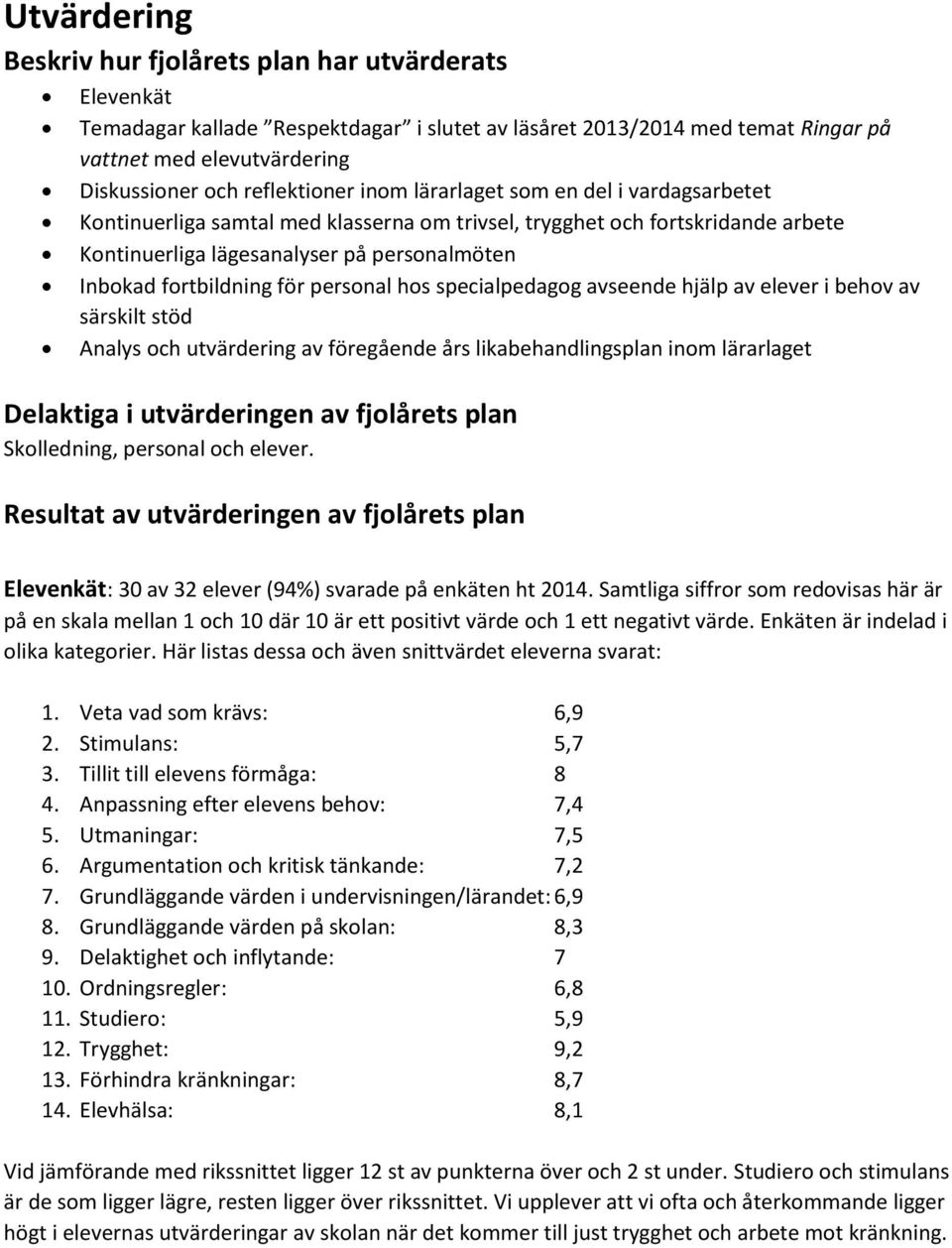 fortbildning för personal hos specialpedagog avseende hjälp av elever i behov av särskilt stöd Analys och utvärdering av föregående års likabehandlingsplan inom lärarlaget Delaktiga i utvärderingen