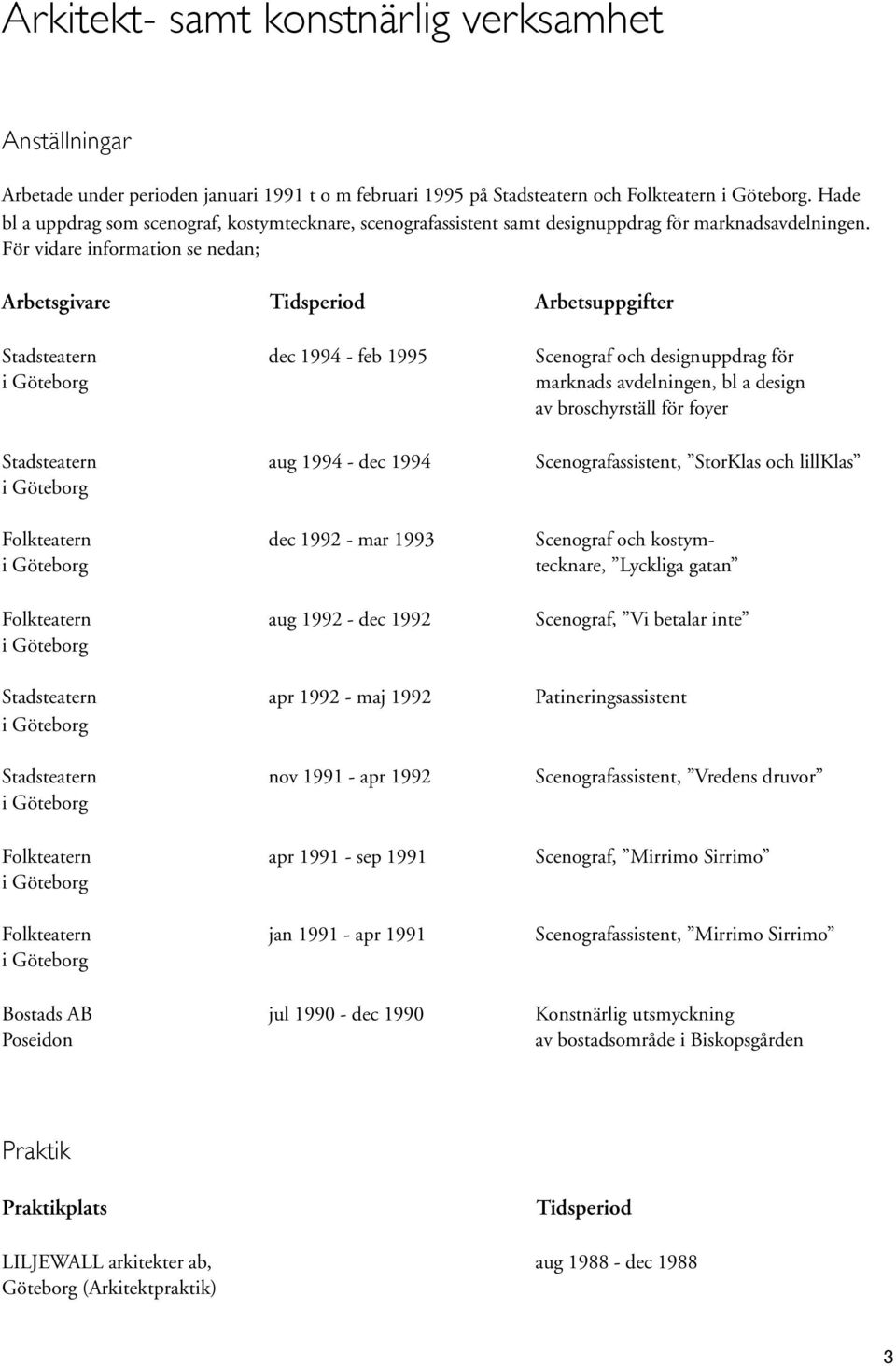 För vidare information se nedan; Arbetsgivare Tidsperiod Arbetsuppgifter Stadsteatern dec 1994 - feb 1995 Scenograf och designuppdrag för marknads avdelningen, bl a design av broschyrställ för foyer