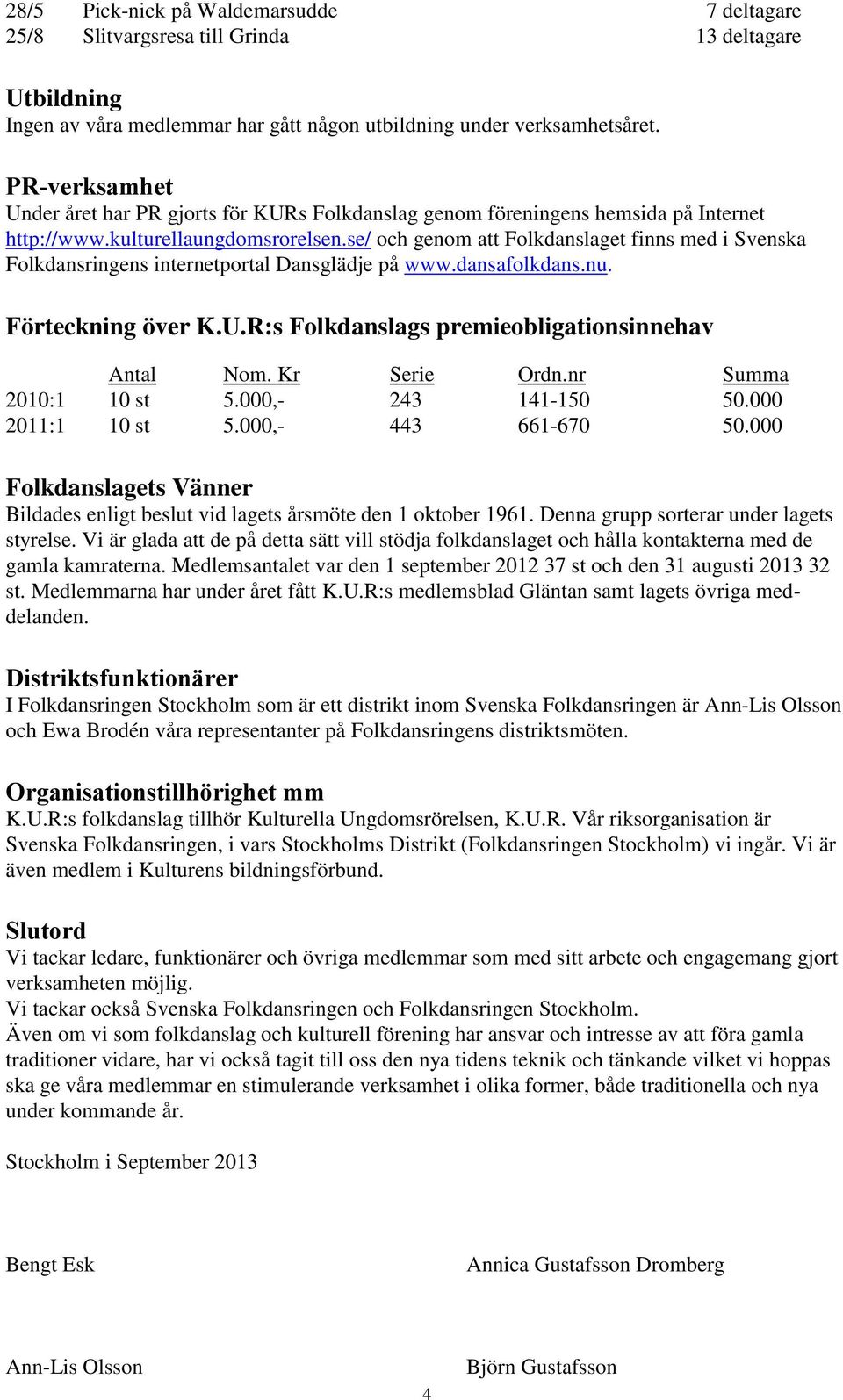 se/ och genom att Folkdanslaget finns med i Svenska Folkdansringens internetportal Dansglädje på www.dansafolkdans.nu. Förteckning över K.U.R:s Folkdanslags premieobligationsinnehav Antal Nom.