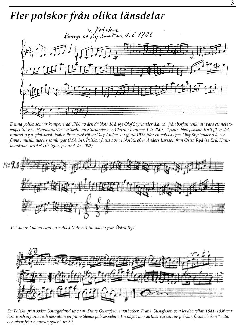 Polskan finns även i Notbok efter Anders Larsson från Östra Ryd (se Erik Hammarströms artikel i Östgötaspel nr 4 år 2002) Polska ur Anders Larsson notbok Nottebok till wiolin från Östra Ryd.