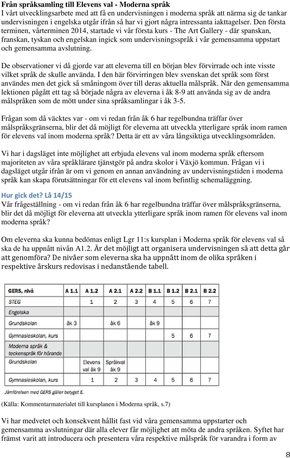 Den första terminen, vårterminen 2014, startade vi vår första kurs - The Art Gallery - där spanskan, franskan, tyskan och engelskan ingick som undervisningsspråk i vår gemensamma uppstart och