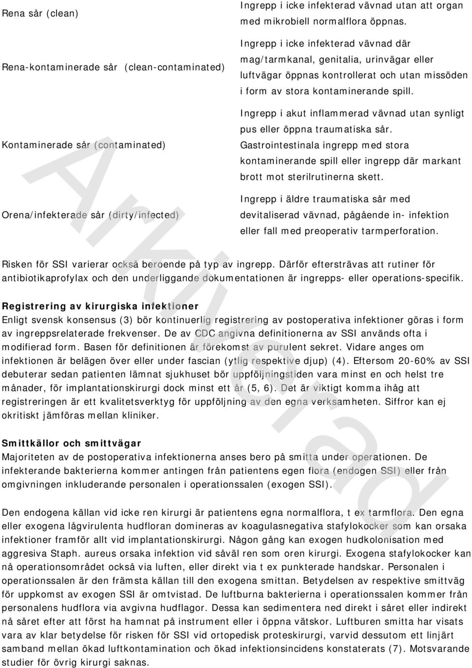 Kontaminerade sår (contaminated) Orena/infekterade sår (dirty/infected) Ingrepp i akut inflammerad vävnad utan synligt pus eller öppna traumatiska sår.