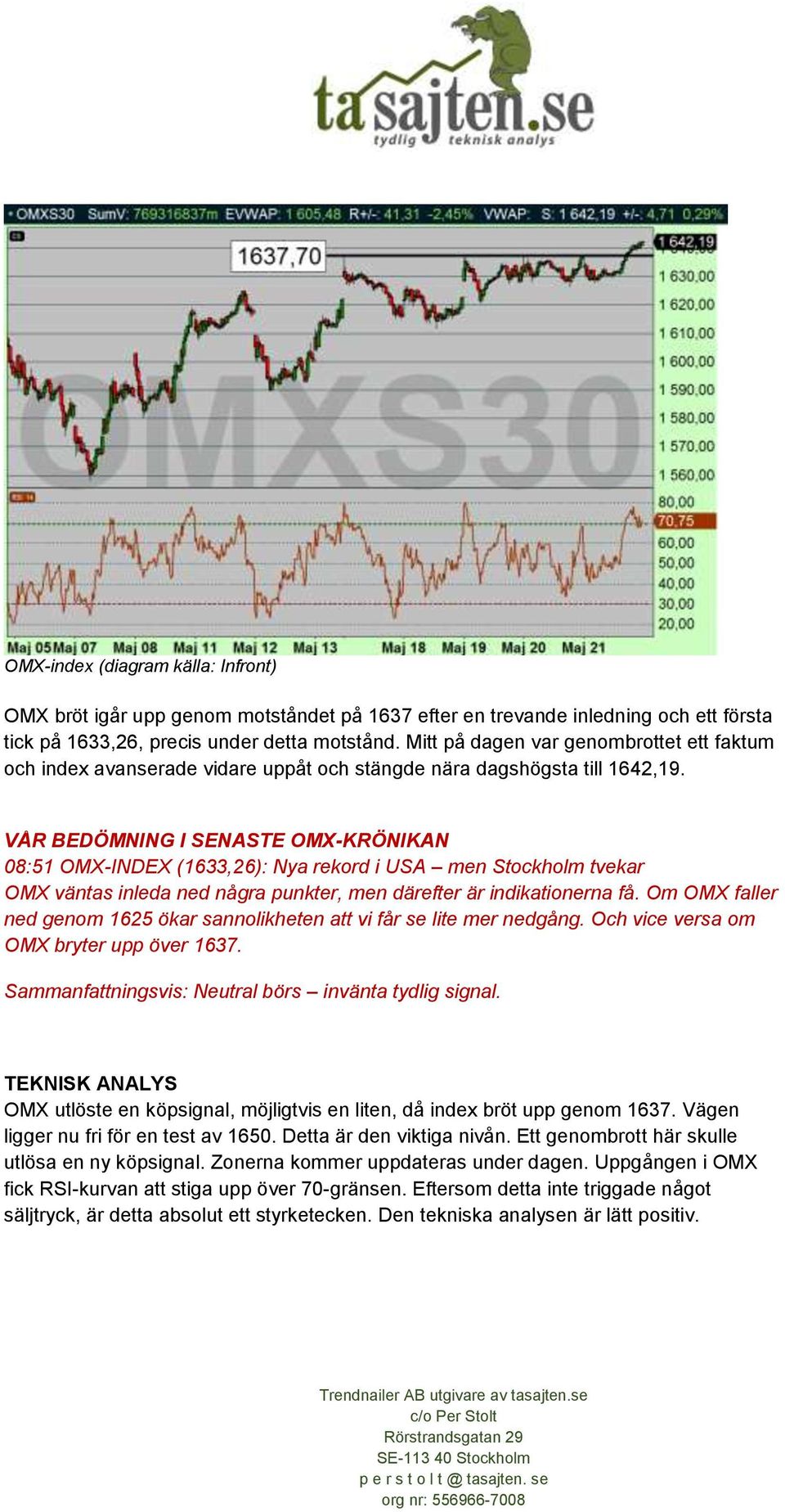 VÅR BEDÖMNING I SENASTE OMX-KRÖNIKAN 08:51 OMX-INDEX (1633,26): Nya rekord i USA men Stockholm tvekar OMX väntas inleda ned några punkter, men därefter är indikationerna få.