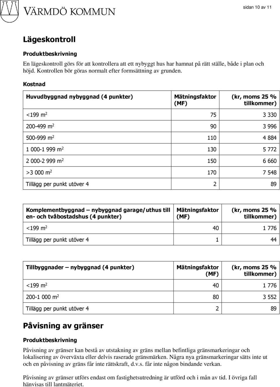 548 Tillägg per punkt utöver 4 2 89 Komplementbyggnad nybyggnad garage/uthus till en- och tvåbostadshus (4 punkter) Mätningsfaktor (MF) (kr, moms 25 % <199 m 2 40 1 776 Tillägg per punkt utöver 4 1