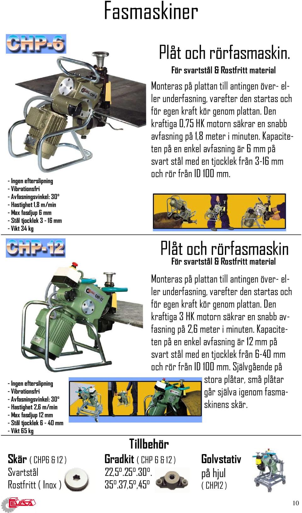 37,5,45 Plåt och rörfasmaskin. För svartstål & Rostfritt material Monteras på plattan till antingen över- eller underfasning, varefter den startas och för egen kraft kör genom plattan.