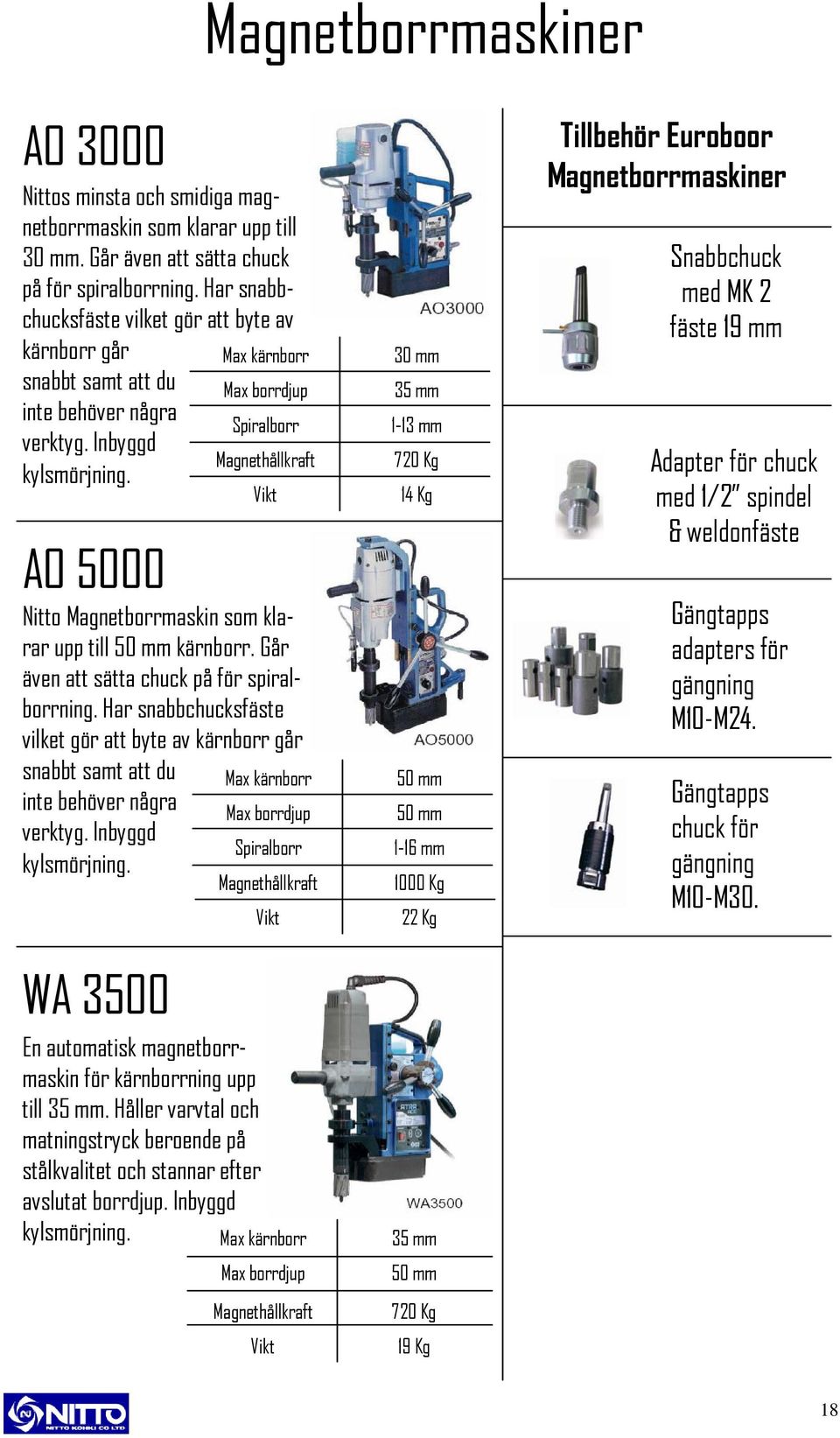 AO 5000 Max kärnborr Max borrdjup Magnethållkraft Nitto Magnetborrmaskin som klarar upp till 50 mm kärnborr. Går även att sätta chuck på för spiralborrning.