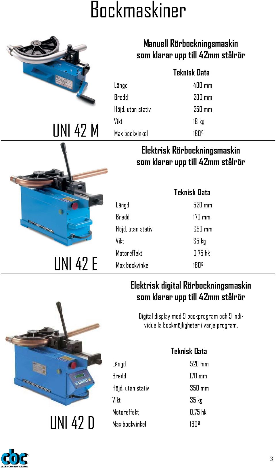 kg 0,75 hk Max bockvinkel 180º Elektrisk digital Rörbockningsmaskin som klarar upp till 42mm stålrör Digital display med 9 bockprogram och 9