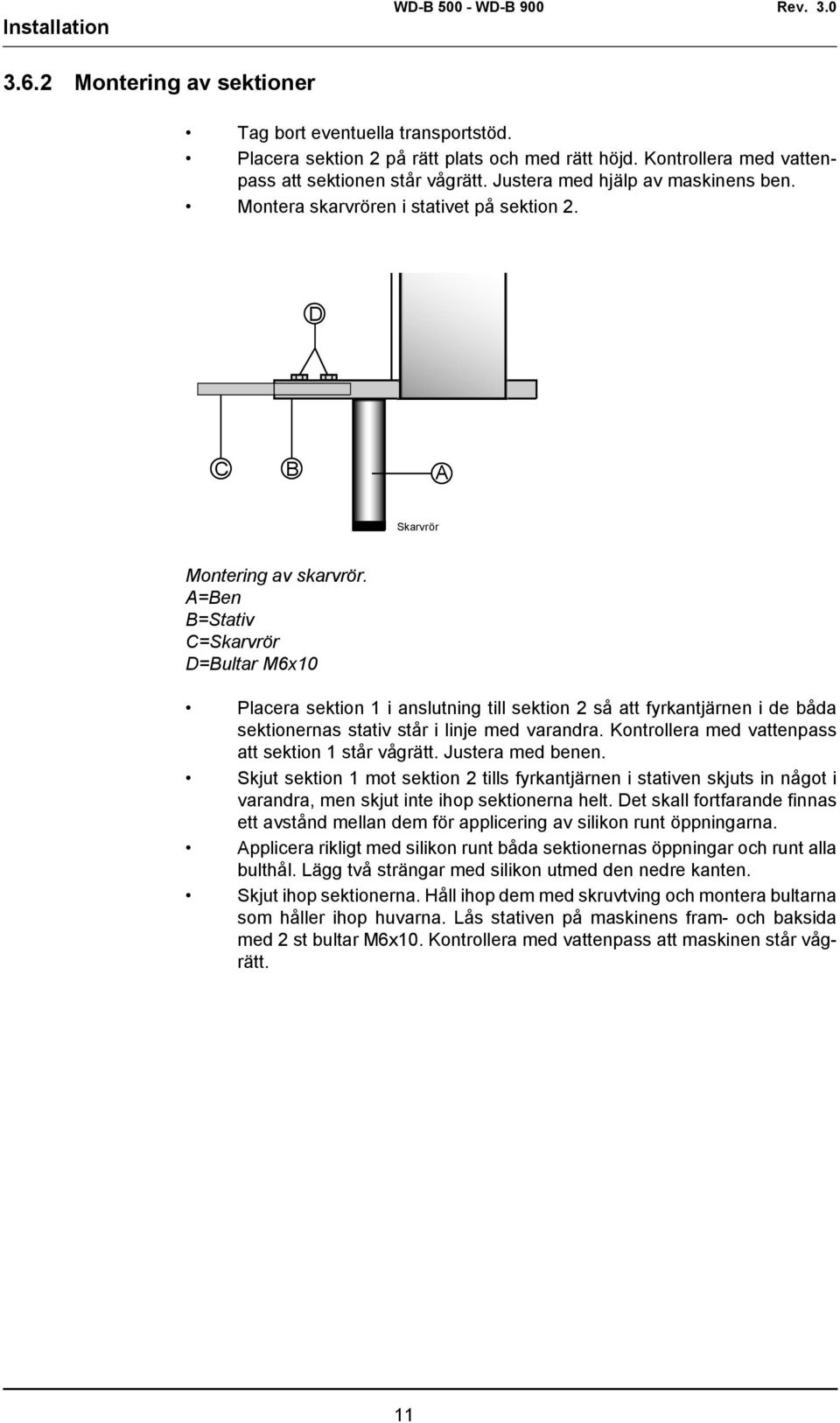 A=Ben B=Stativ C=Skarvrör D=Bultar M6x10 Placera sektion 1 i anslutning till sektion 2 så att fyrkantjärnen i de båda sektionernas stativ står i linje med varandra.