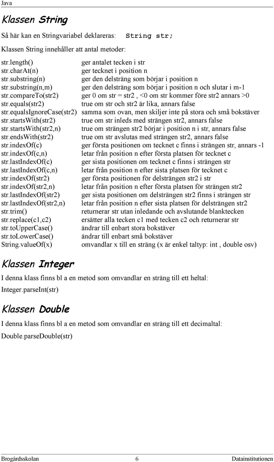 compareto(str2) ger 0 om str = str2, <0 om str kommer före str2 annars >0 str.equals(str2) true om str och str2 är lika, annars false str.