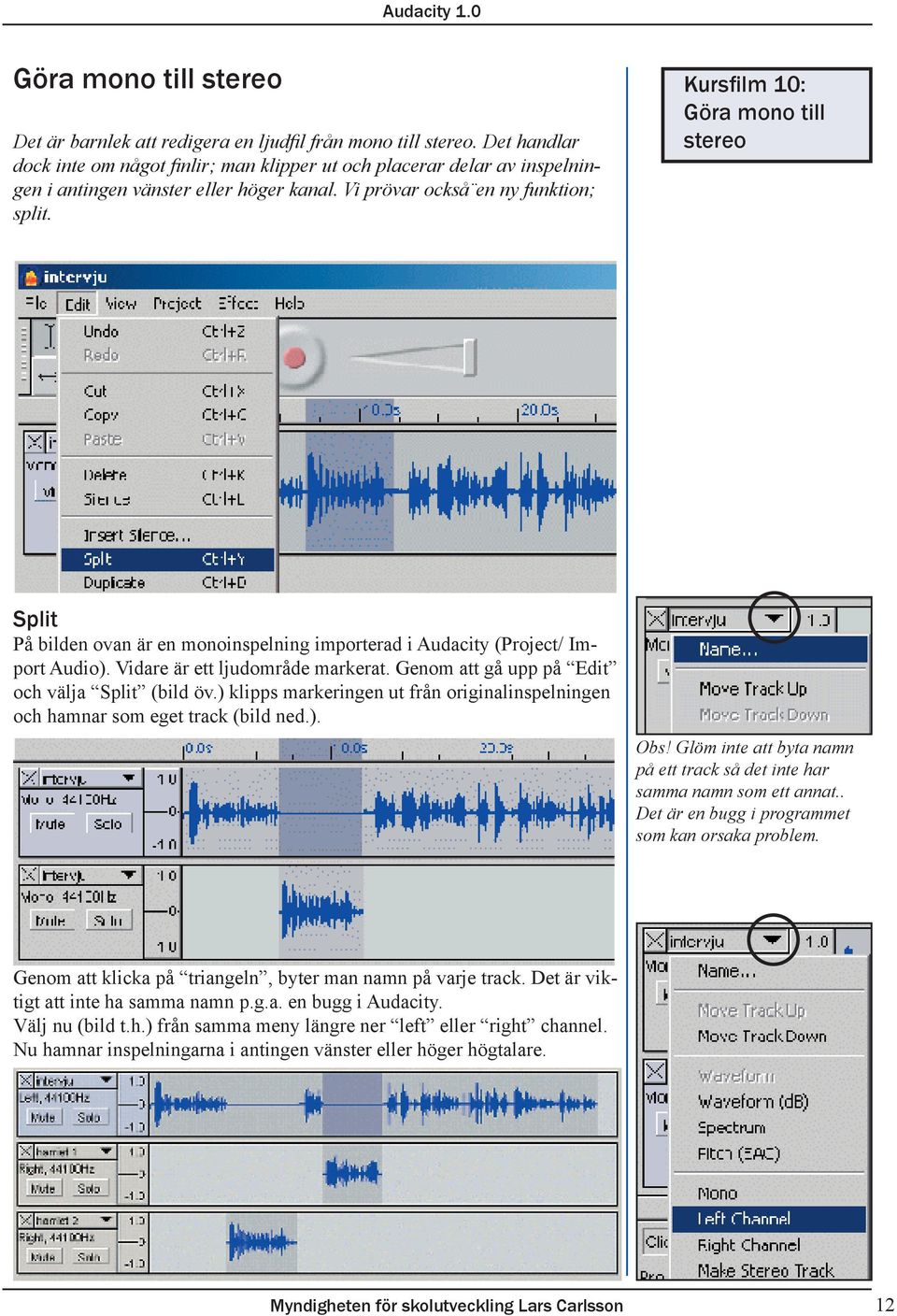 Kursfilm 10: Göra mono till stereo Split På bilden ovan är en monoinspelning importerad i Audacity (Project/ Import Audio). Vidare är ett ljudområde markerat.