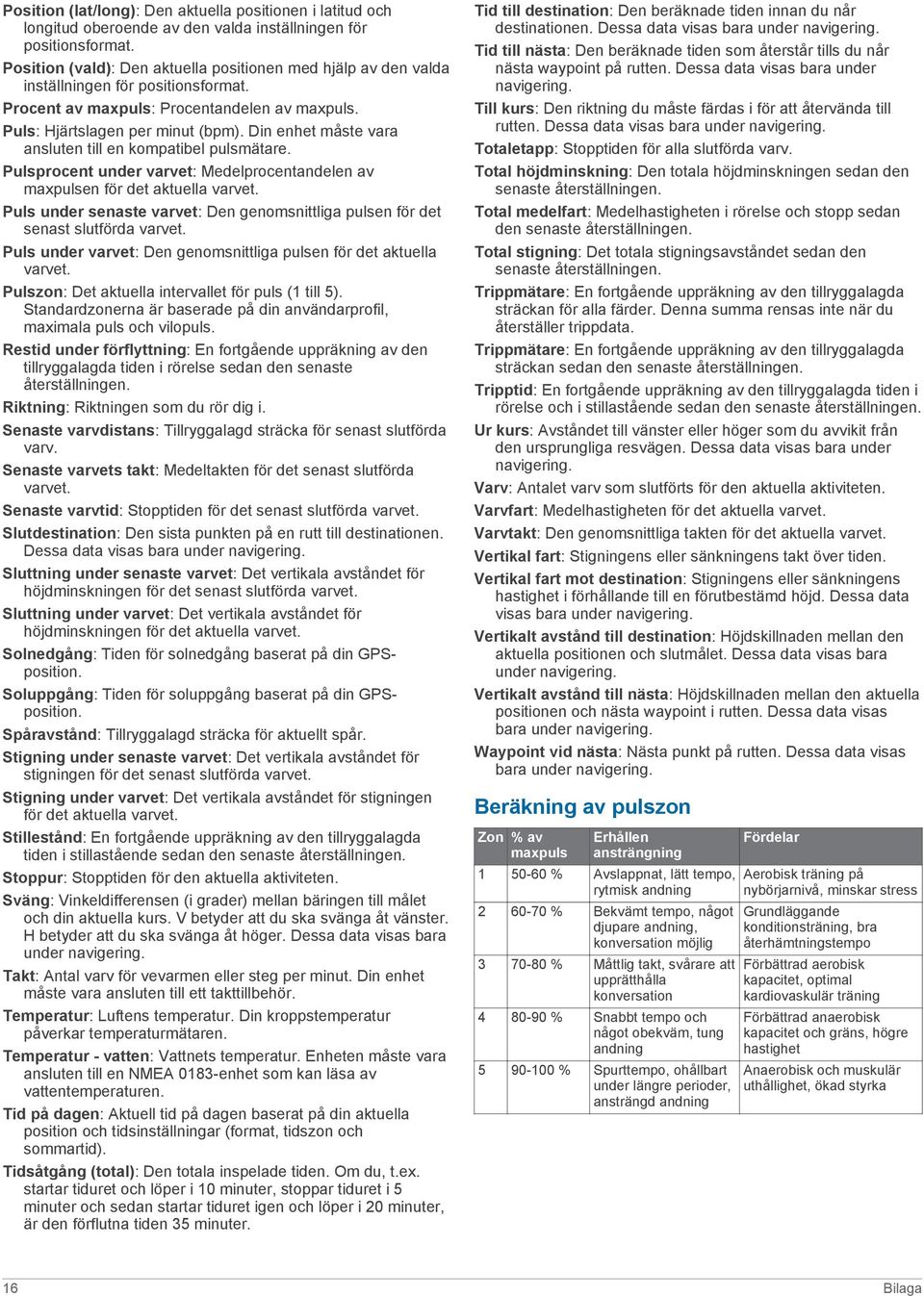 Din enhet måste vara ansluten till en kompatibel pulsmätare. Pulsprocent under varvet: Medelprocentandelen av maxpulsen för det aktuella varvet.
