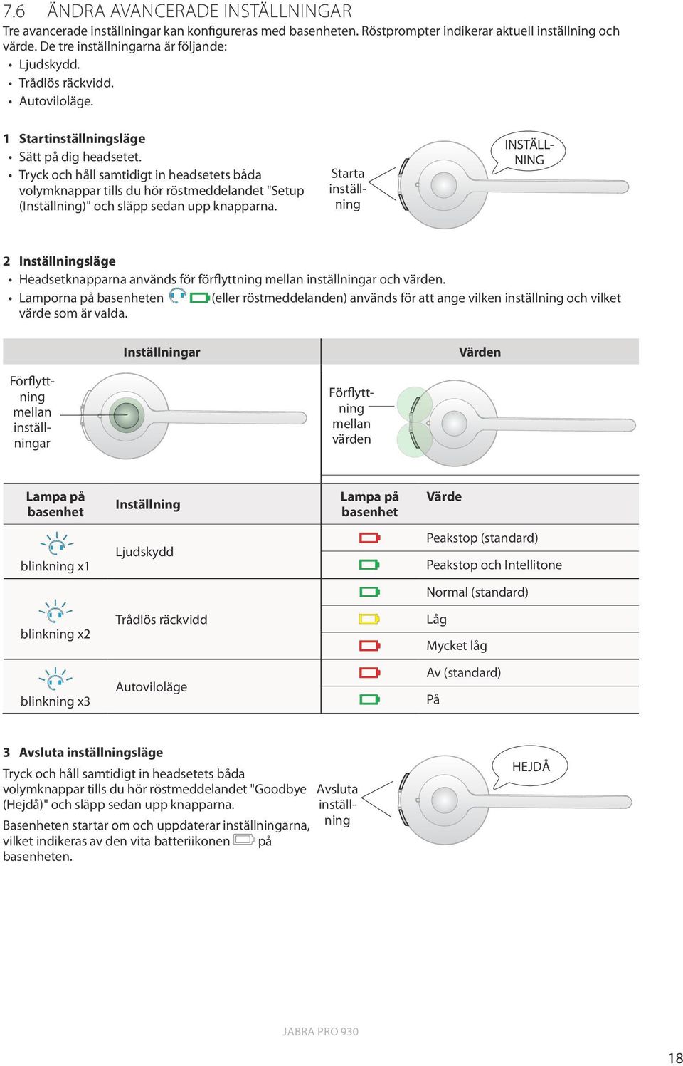 Trådlös räckvidd. Autoviloläge. INSTÄLLNING Starta inställning 2 Inställningsläge Headsetknapparna används för förflyttning mellan inställningar och värden.