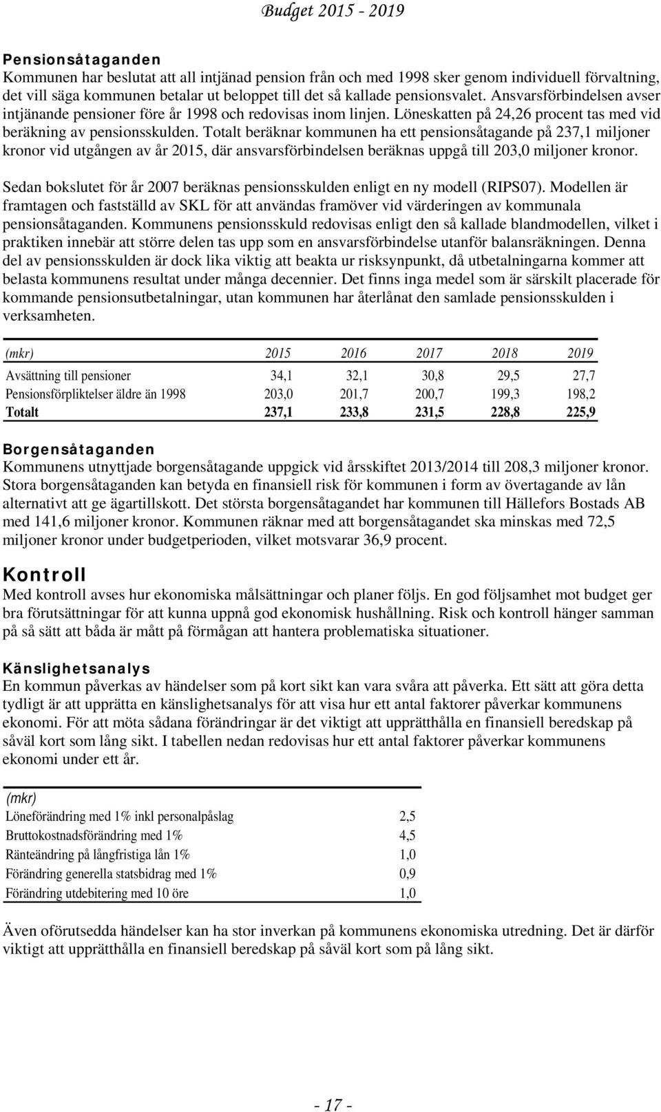 Totalt beräknar kommunen ha ett pensionsåtagande på 237,1 miljoner kronor vid utgången av år 2015, där ansvarsförbindelsen beräknas uppgå till 203,0 miljoner kronor.