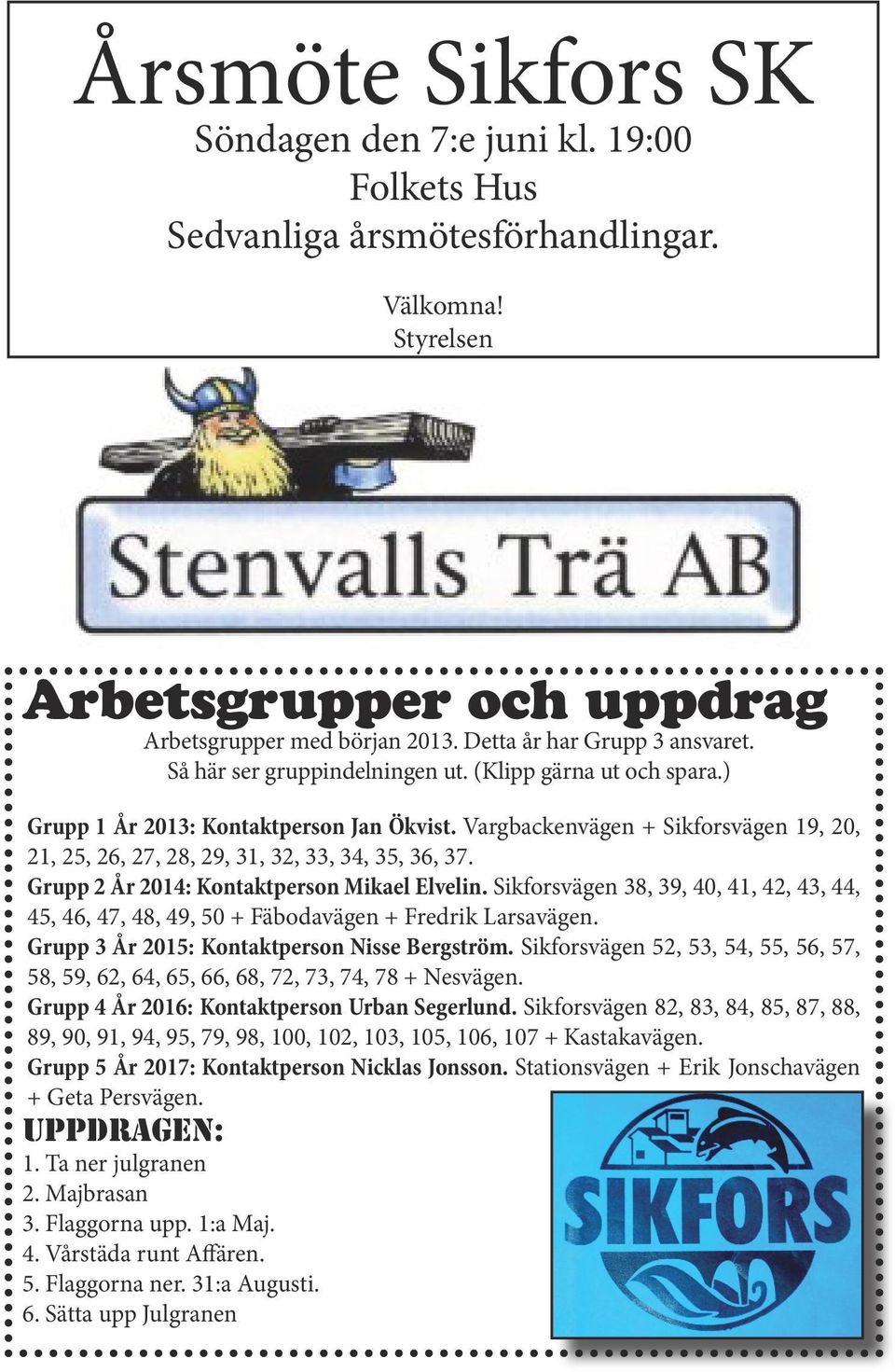 Vargbackenvägen + Sikforsvägen 19, 20, 21, 25, 26, 27, 28, 29, 31, 32, 33, 34, 35, 36, 37. Grupp 2 År 2014: Kontaktperson Mikael Elvelin.