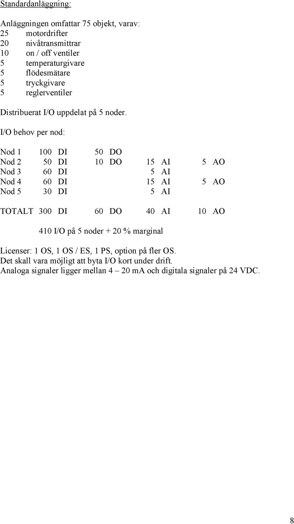 I/O behov per nod: Nod 1 100 DI 50 DO Nod 2 50 DI 10 DO 15 AI 5 AO Nod 3 60 DI 5 AI Nod 4 60 DI 15 AI 5 AO Nod 5 30 DI 5 AI TOTALT 300 DI 60 DO 40